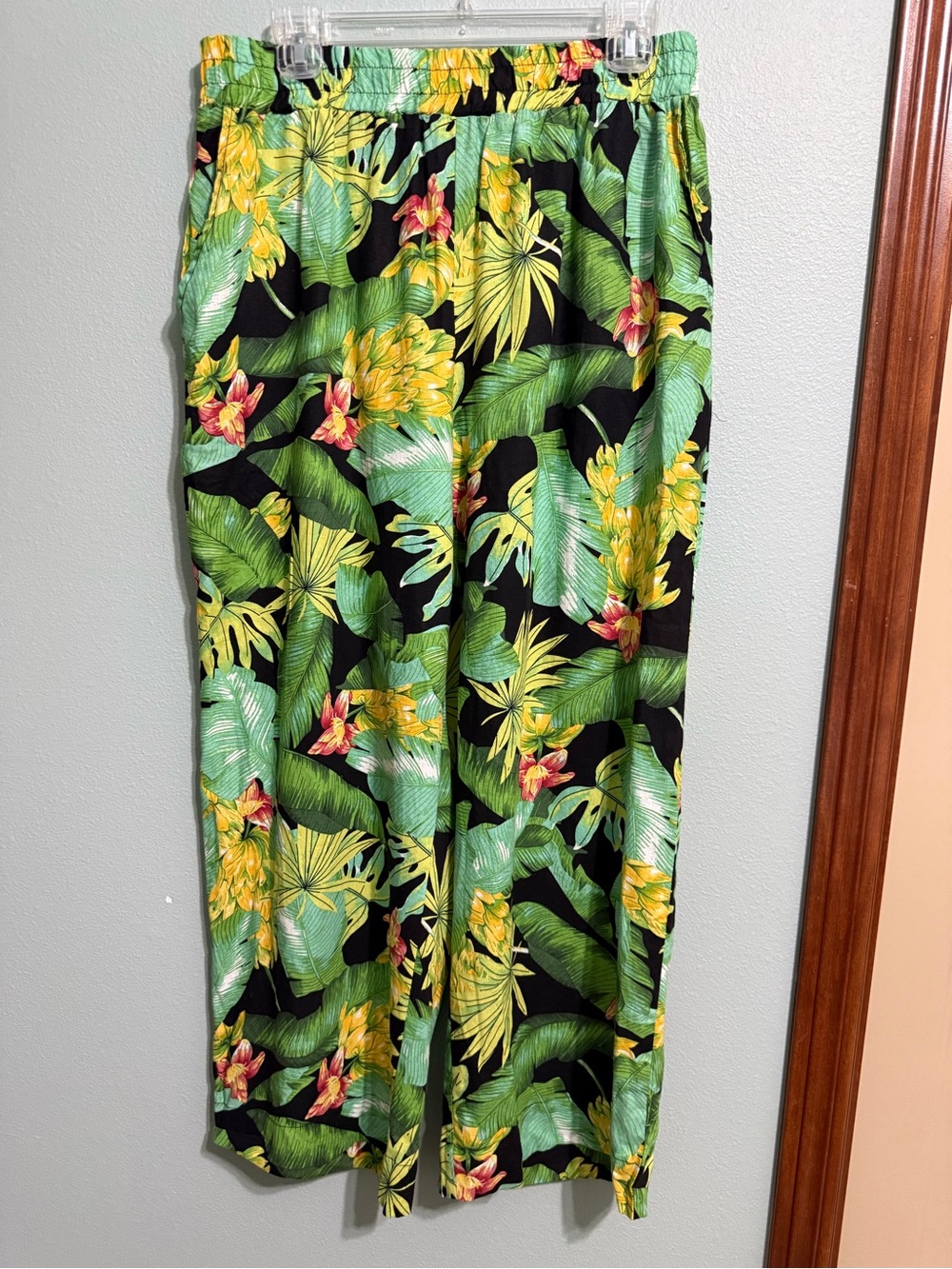 Nicole Miller New York Tropical Floral Linen Rayon Pants Elastic Waist Large